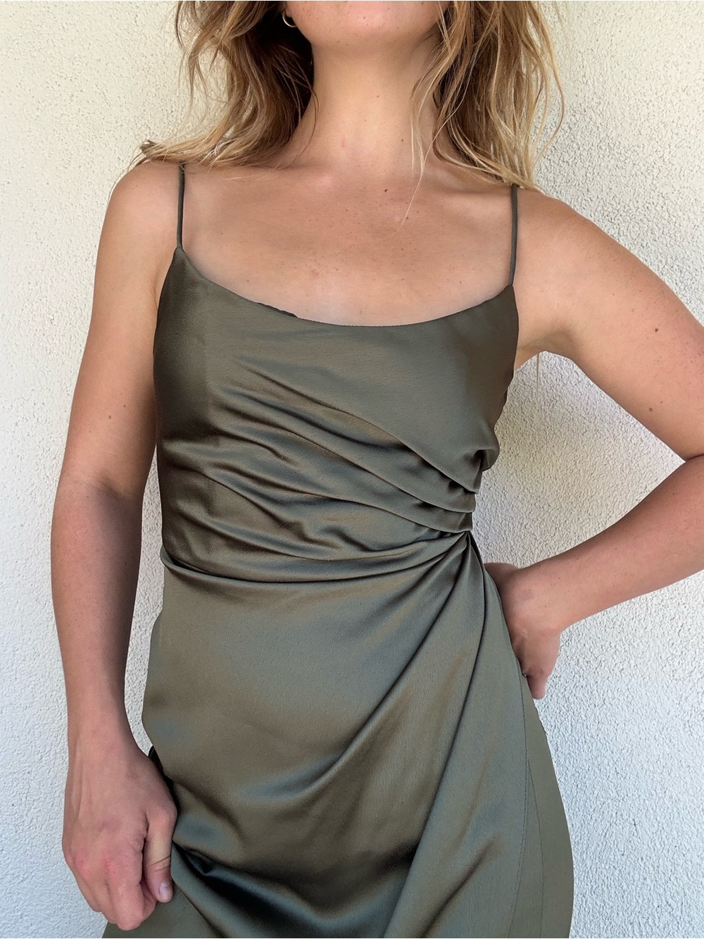 Jenny Yoo Wren Satin Bridesmaid Dress in the color Olive